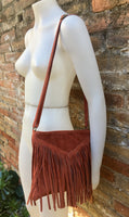 Cross body bag. BOHO suede leather bag in terracotta brown with FRINGES. Burnt orange messenger bag. Genuine leather crossbody hippy bag