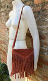 Cross body bag. BOHO suede leather bag in terracotta brown with FRINGES. Burnt orange messenger bag. Genuine leather crossbody hippy bag