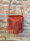 Cross body bag. BOHO suede leather bag in terracotta brown with FRINGES. Burnt orange messenger bag. Genuine leather crossbody hippy bag