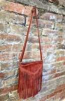 Cross body bag. BOHO suede leather bag in terracotta brown with FRINGES. Burnt orange messenger bag. Genuine leather crossbody hippy bag