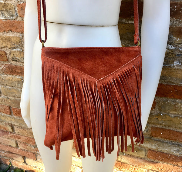 Cross body bag. BOHO suede leather bag in terracotta brown with FRINGES. Burnt orange messenger bag. Genuine leather crossbody hippy bag