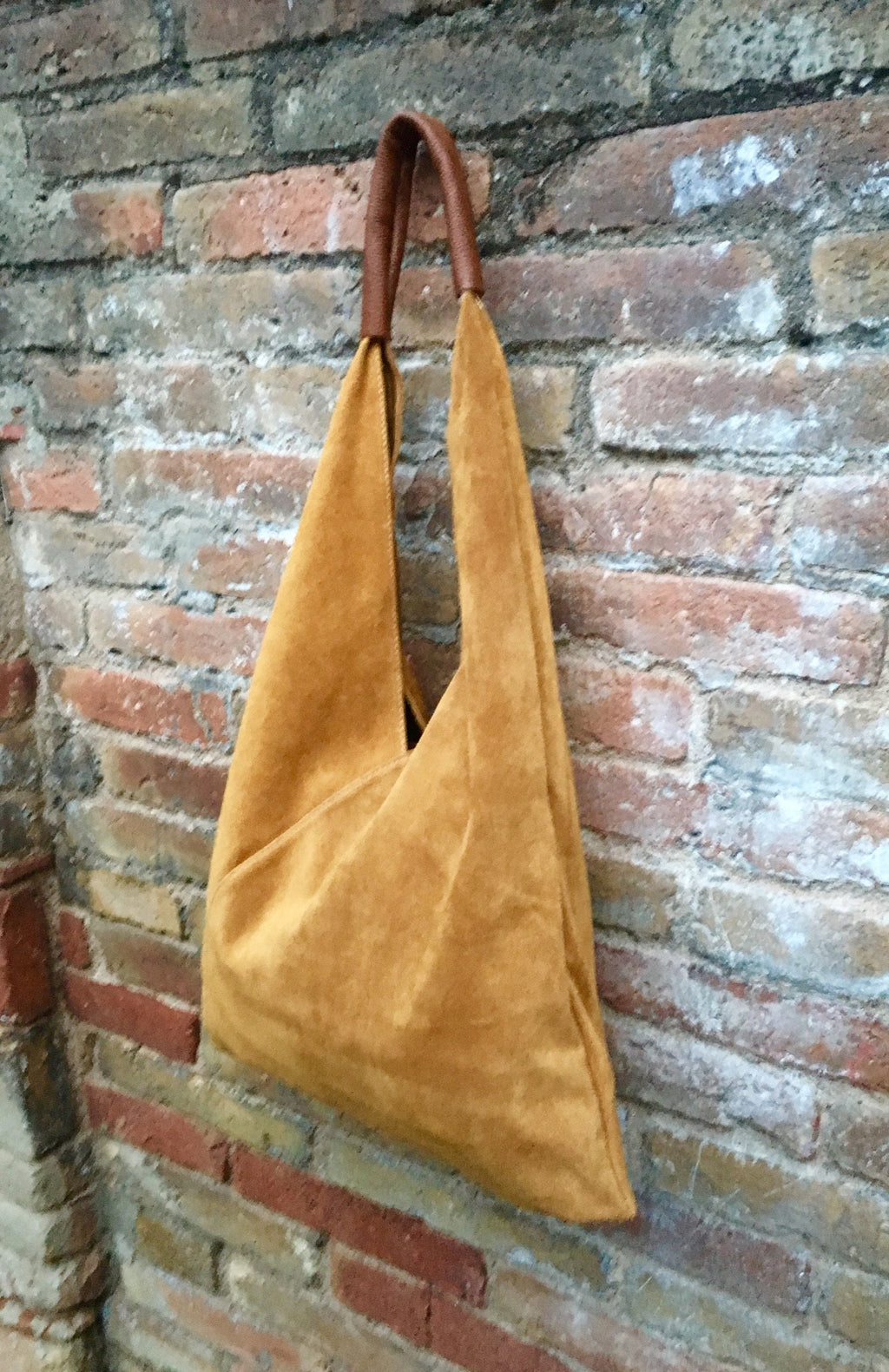 Slouch leather bag in MUSTARD yellow. Large shoulder leather bag. Boho bag. Laptop bags in suede. Large origami bag. Yellow leather shopper