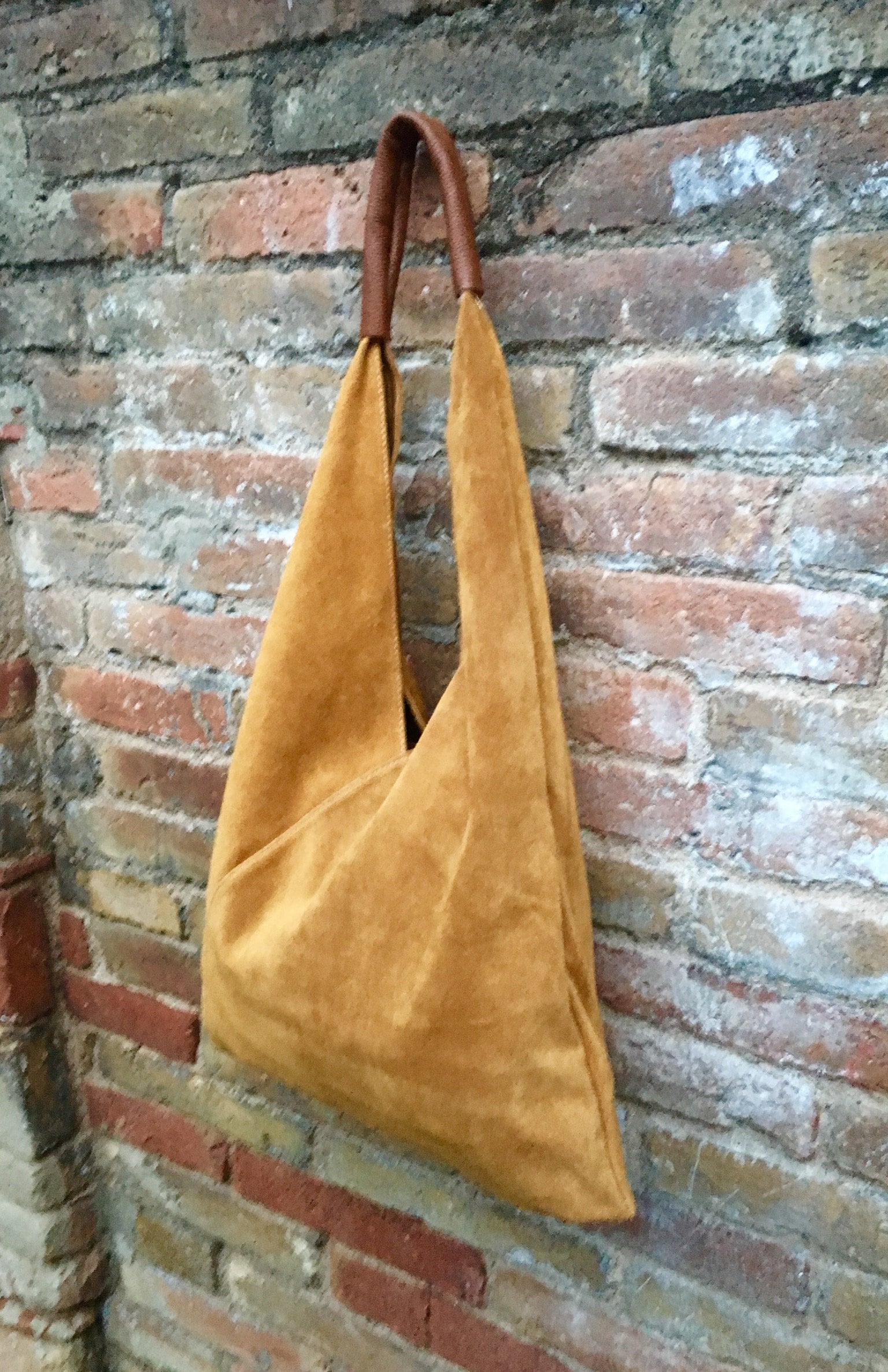 Slouch leather bag in MUSTARD yellow. Large shoulder leather bag. Boho bag. Laptop bags in suede. Large origami bag. Yellow leather shopper