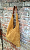 Slouch leather bag in MUSTARD yellow. Large shoulder leather bag. Boho bag. Laptop bags in suede. Large origami bag. Yellow leather shopper