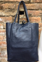 Tote leather bag in NAVY blue. Leather shopper in natural GENUINE leather. Large carry all bag for your laptop, books.BLUE leather shopper.