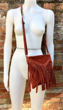 Cross body bag. BOHO suede leather bag in terracotta brown with FRINGES. Burnt orange messenger bag. Genuine leather crossbody hippy bag