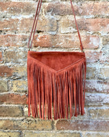 Cross body bag. BOHO suede leather bag in terracotta brown with FRINGES. Burnt orange messenger bag. Genuine leather crossbody hippy bag