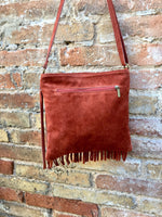 Cross body bag. BOHO suede leather bag in terracotta brown with FRINGES. Burnt orange messenger bag. Genuine leather crossbody hippy bag