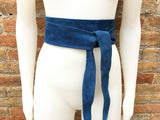 BLUE suede OBI belt. Wrap leather belt in genuine soft suede leather. Soft waist belt. Dress belt, BLUE wraparound leather belt. Wider model