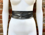 SILVER leather OBI belt. Wide waist belt in soft genuine leather. Metallic shine wraparound belt, boho dress belt in silver color leather.