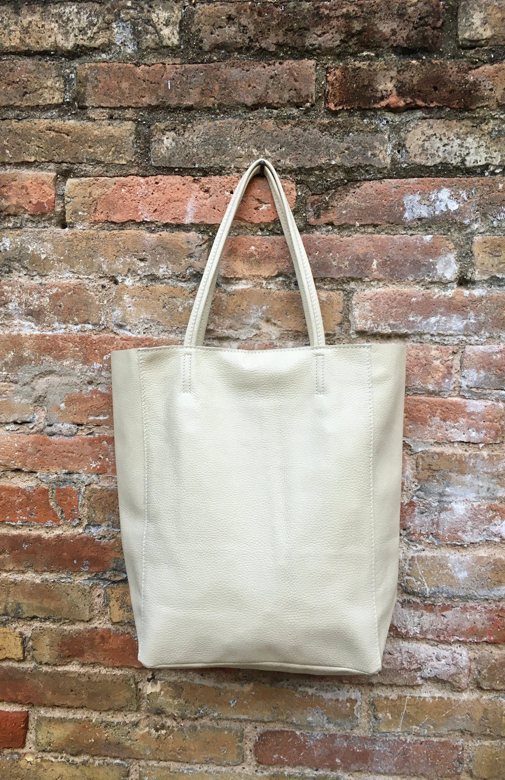 Tote leather bag in cream color with ZIPPER.Leather shopper in a very light beige. Soft GENUINE leather Large bag for your laptop,books