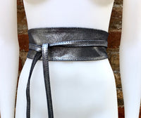 SILVER leather OBI belt. Wide waist belt in soft genuine leather. Metallic shine wraparound belt, boho dress belt in silver color leather.