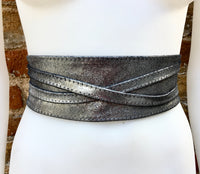 SILVER leather OBI belt. Wide waist belt in soft genuine leather. Metallic shine wraparound belt, boho dress belt in silver color leather.