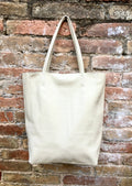 Tote leather bag in cream color with ZIPPER.Leather shopper in a very light beige. Soft GENUINE leather Large bag for your laptop,books