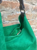 Slouch leather bag in GREEN. Hobo shoulder bag. Boho bag. Book or tablet bags in suede. GREEN suede bag.