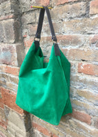 Slouch leather bag in GREEN. Hobo shoulder bag. Boho bag. Book or tablet bags in suede. GREEN suede bag.