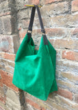 Slouch leather bag in GREEN. Hobo shoulder bag. Boho bag. Book or tablet bags in suede. GREEN suede bag.