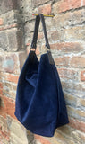 Slouch leather bag in NAVY blue. Hobo shoulder bag. Boho bag. Book or tablet bags in suede.Blue suede bag.