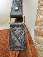 Slouch leather bag in rusty brown. Dark saddle brown hobo bag. Boho bag.Book or tablet bags in suede. Dark camel brown soft leather shopper