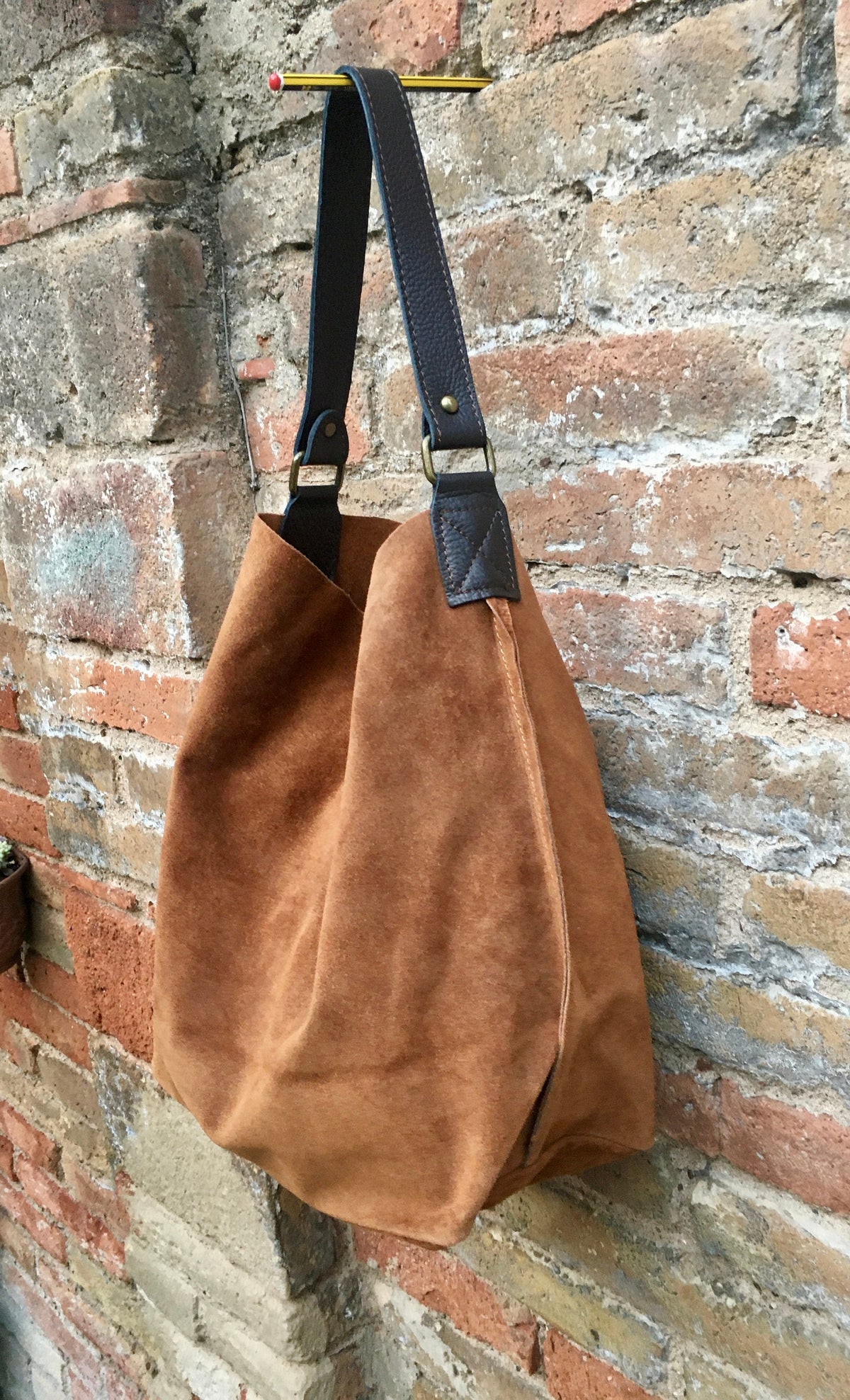 Slouch leather bag in rusty brown. Dark saddle brown hobo bag. Boho bag.Book or tablet bags in suede. Dark camel brown soft leather shopper