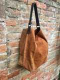 Slouch leather bag in rusty brown. Saddle brown hobo bag. Boho bag.Book or tablet bags in suede. Camell brown soft leather shopper w/zipper