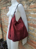 Slouch leather bag in BURGUNDY. Dark RED hobo bag. Boho bag.Book or tablet bags in genuine suede. Wine red leather shopper with zipper