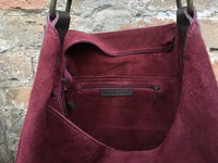 Slouch leather bag in BURGUNDY. Dark RED hobo bag. Boho bag.Book or tablet bags in genuine suede. Wine red leather shopper with zipper