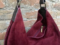Slouch leather bag in BURGUNDY. Dark RED hobo bag. Boho bag.Book or tablet bags in genuine suede. Wine red leather shopper with zipper