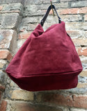 Slouch leather bag in BURGUNDY. Dark RED hobo bag. Boho bag.Book or tablet bags in genuine suede. Wine red leather shopper with zipper