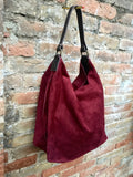 Slouch leather bag in BURGUNDY. Dark RED hobo bag. Boho bag.Book or tablet bags in genuine suede. Wine red leather shopper with zipper