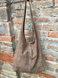 Slouch bag.Large TOTE leather bag in taupe. Soft natural suede leather bag. With ZIPPER. Boho bag. Light brown suede bag. Brown shopper