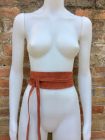 Wide obi belt in suede. Wrap belt in terracotta brown- ORANGE. Genuine leather soft suede sash, rusty brown suede wraparound boho belt