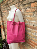 Tote leather bag in HOT PINK. Leather shopper bag in soft natural GENUINE leather. Large fuchsia color carry all bag for your laptop, books