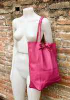 Tote leather bag in hot PINK. Leather shopper bag in soft natural GENUINE leather. Large fuchsia color carry all bag. Fuchsia pink purse