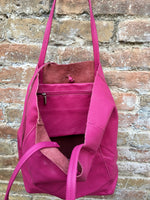 Tote leather bag in HOT PINK. Leather shopper bag in soft natural GENUINE leather. Large fuchsia color carry all bag for your laptop, books