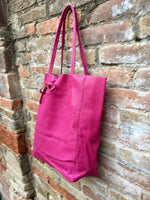 Tote leather bag in hot PINK. Leather shopper bag in soft natural GENUINE leather. Large fuchsia color carry all bag. Fuchsia pink purse