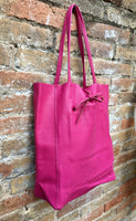 Tote leather bag in hot PINK. Leather shopper bag in soft natural GENUINE leather. Large fuchsia color carry all bag. Fuchsia pink purse