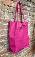 Tote leather bag in HOT PINK. Leather shopper bag in soft natural GENUINE leather. Large fuchsia color carry all bag for your laptop, books