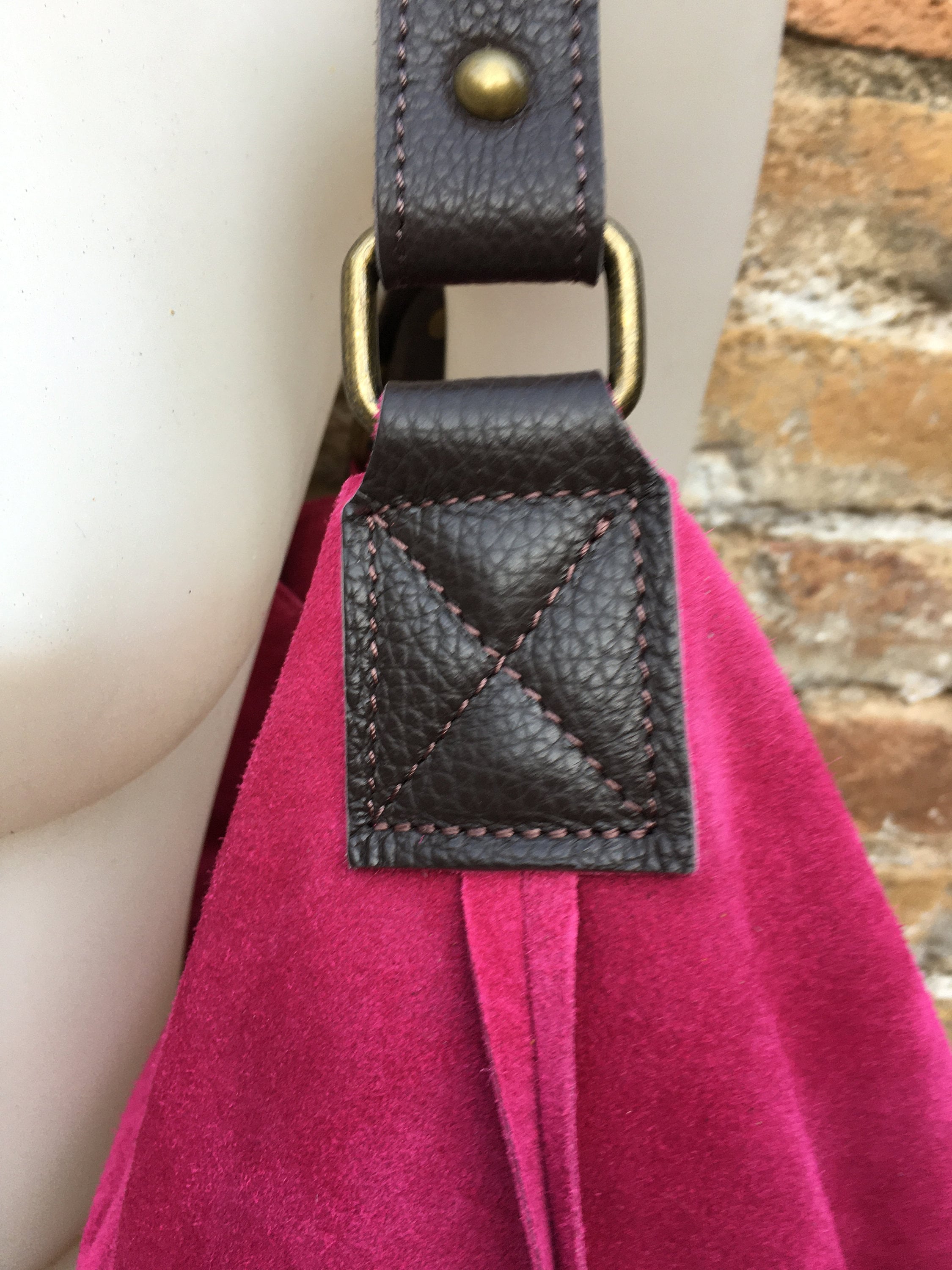 FUCHSIA Slouch leather bag, wide strap. Hot pink hobo bag. Soft genuine suede leather shopper w/accents in brown leather. Book, tablet bag.