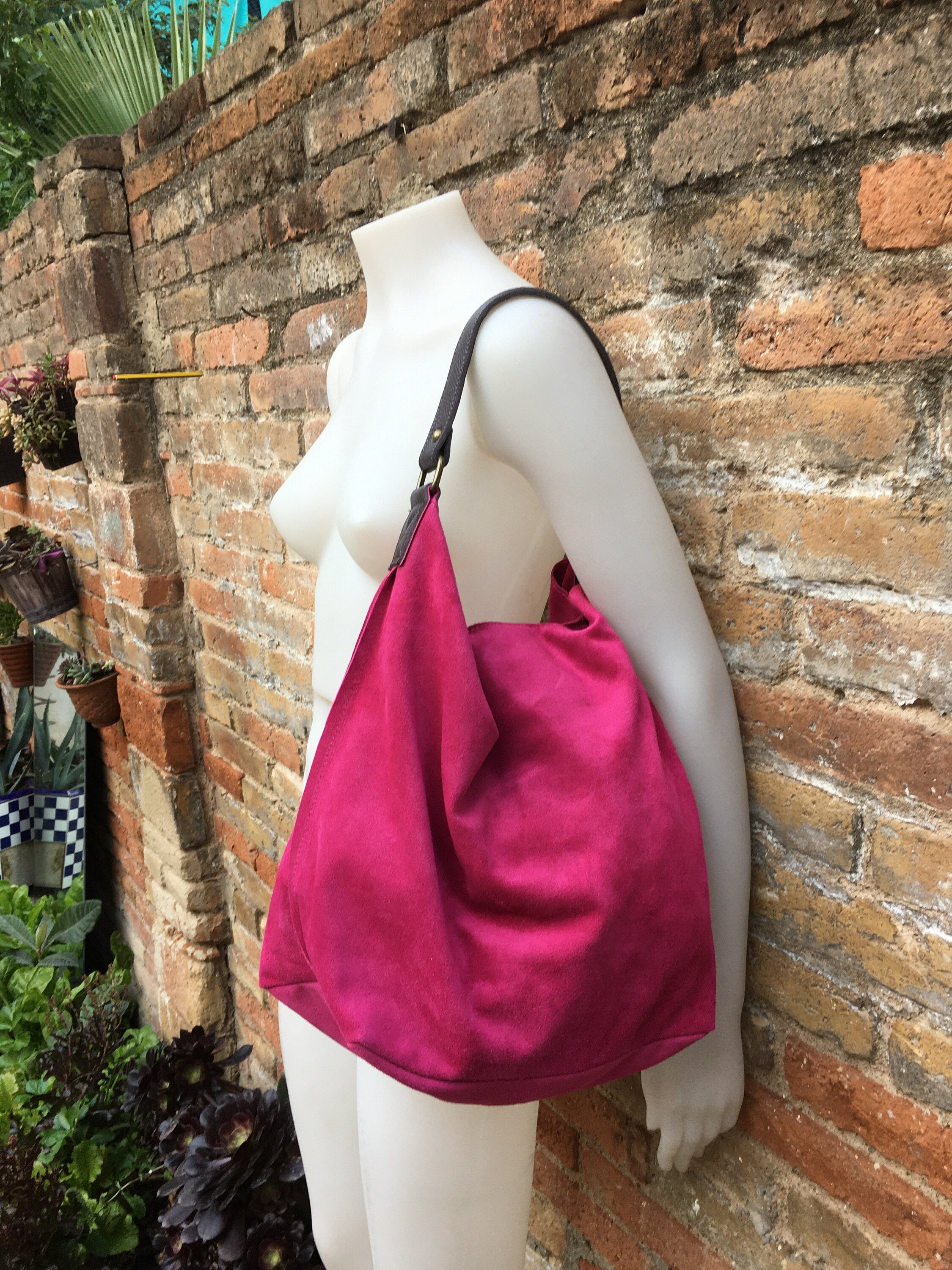 FUCHSIA Slouch leather bag, wide strap. Hot pink hobo bag. Soft genuine suede leather shopper w/accents in brown leather. Book, tablet bag.