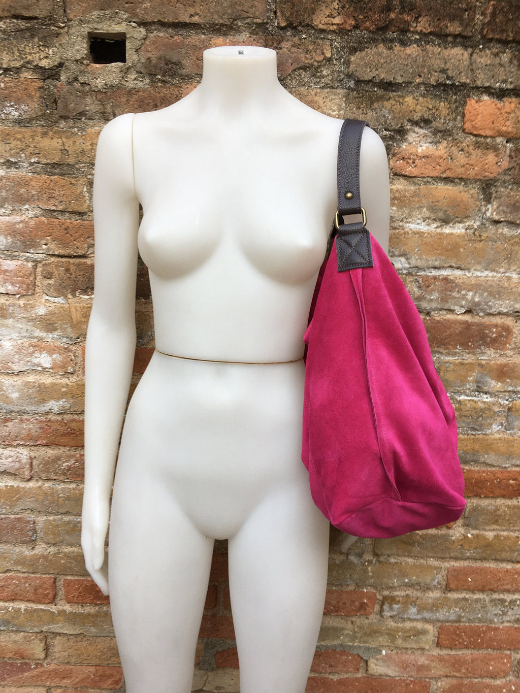FUCHSIA Slouch leather bag, wide strap. Hot pink hobo bag. Soft genuine suede leather shopper w/accents in brown leather. Book, tablet bag.