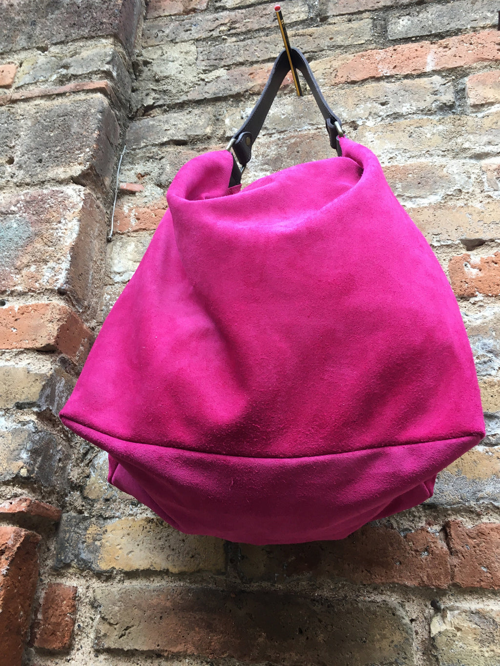 FUCHSIA Slouch leather bag, wide strap. Hot pink hobo bag. Soft genuine suede leather shopper w/accents in brown leather. Book, tablet bag.