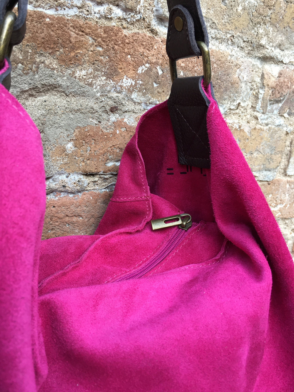 FUCHSIA Slouch leather bag, wide strap. Hot pink hobo bag. Soft genuine suede leather shopper w/accents in brown leather. Book, tablet bag.