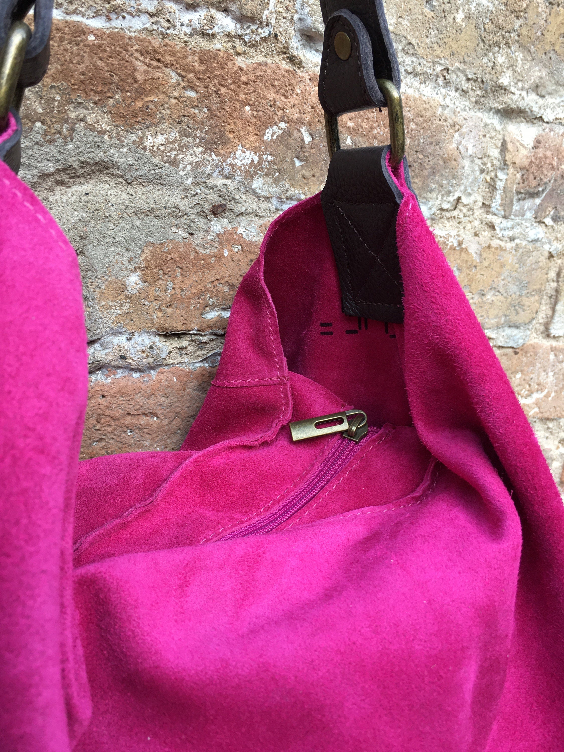 FUCHSIA Slouch leather bag, wide strap. Hot pink hobo bag. Soft genuine suede leather shopper w/accents in brown leather. Book, tablet bag.