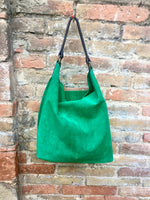 Slouch leather bag in GREEN. Hobo shoulder bag. Boho bag. Book or tablet bags in suede. GREEN suede bag.