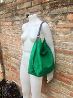 Slouch leather bag in GREEN. Hobo shoulder bag. Boho bag. Book or tablet bags in suede. GREEN suede bag.