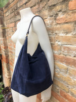 Slouch leather bag in NAVY blue. Hobo shoulder bag. Boho bag. Book or tablet bags in suede.Blue suede bag.