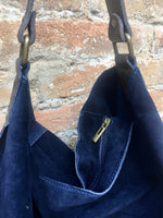 Slouch leather bag in NAVY blue. Hobo shoulder bag. Boho bag. Book or tablet bags in suede.Blue suede bag.