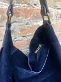 Slouch leather bag in NAVY blue. Hobo shoulder bag. Boho bag. Book or tablet bags in suede.Blue suede bag.