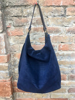 Slouch leather bag in NAVY blue. Hobo shoulder bag. Boho bag. Book or tablet bags in suede.Blue suede bag.